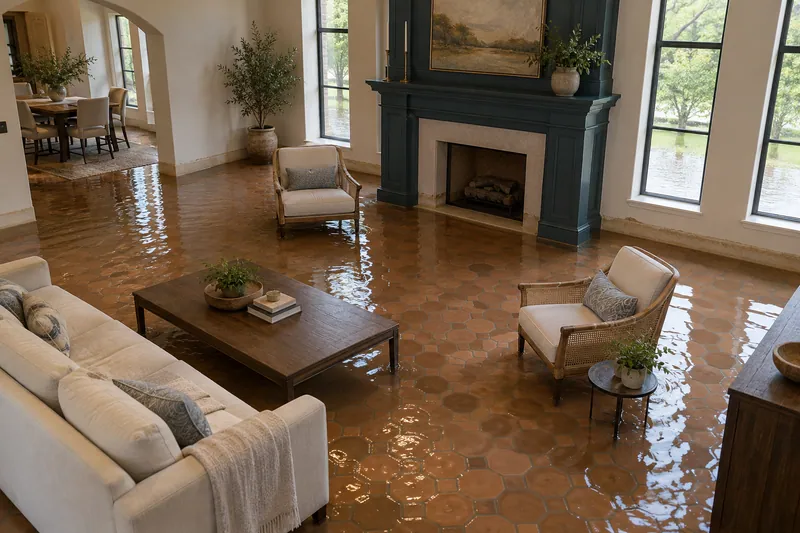 Water Extraction in Waxahachie — pooled room with submerged lower furniture feet and visible waterlines
